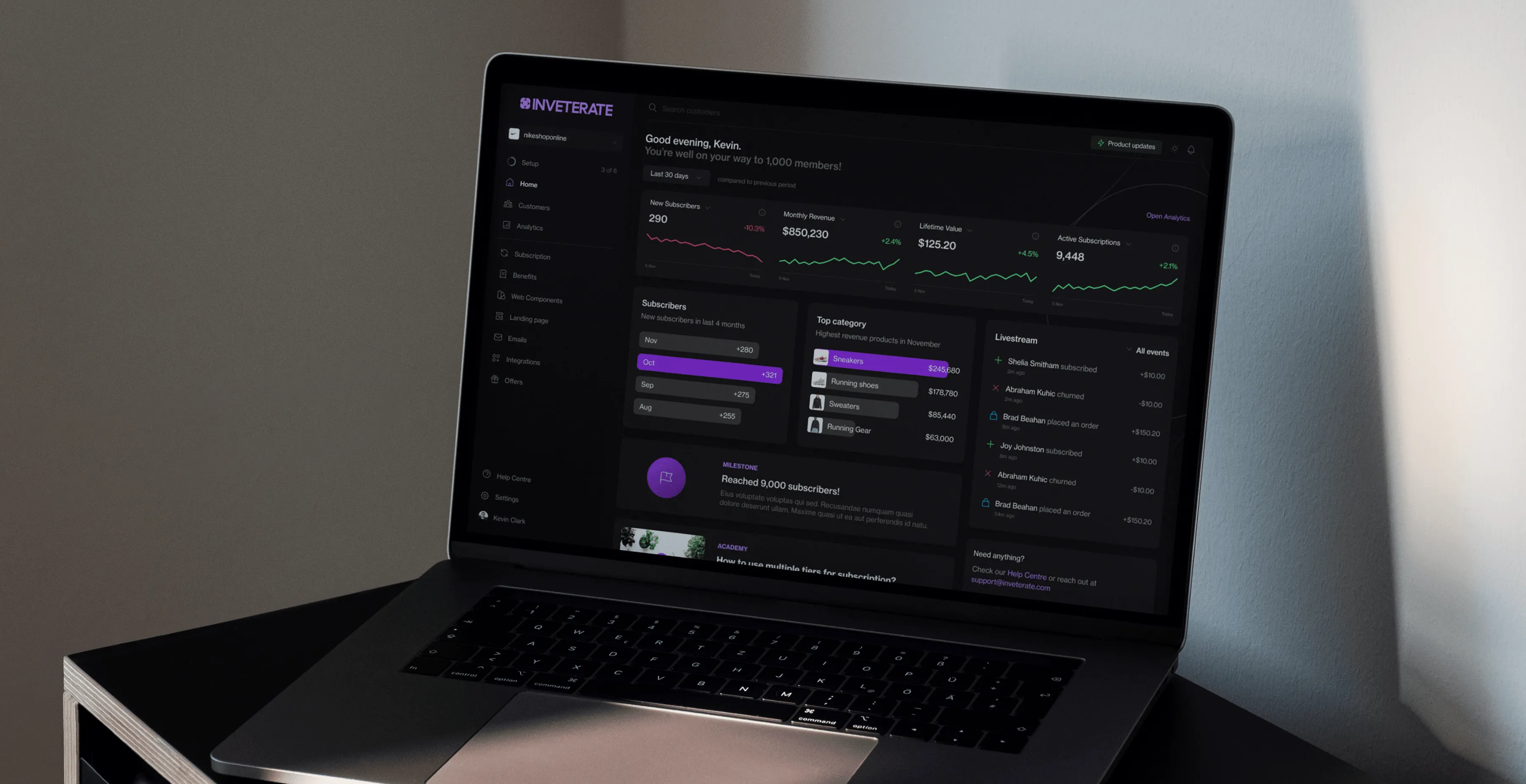Inveterate membership dashboard on a laptop