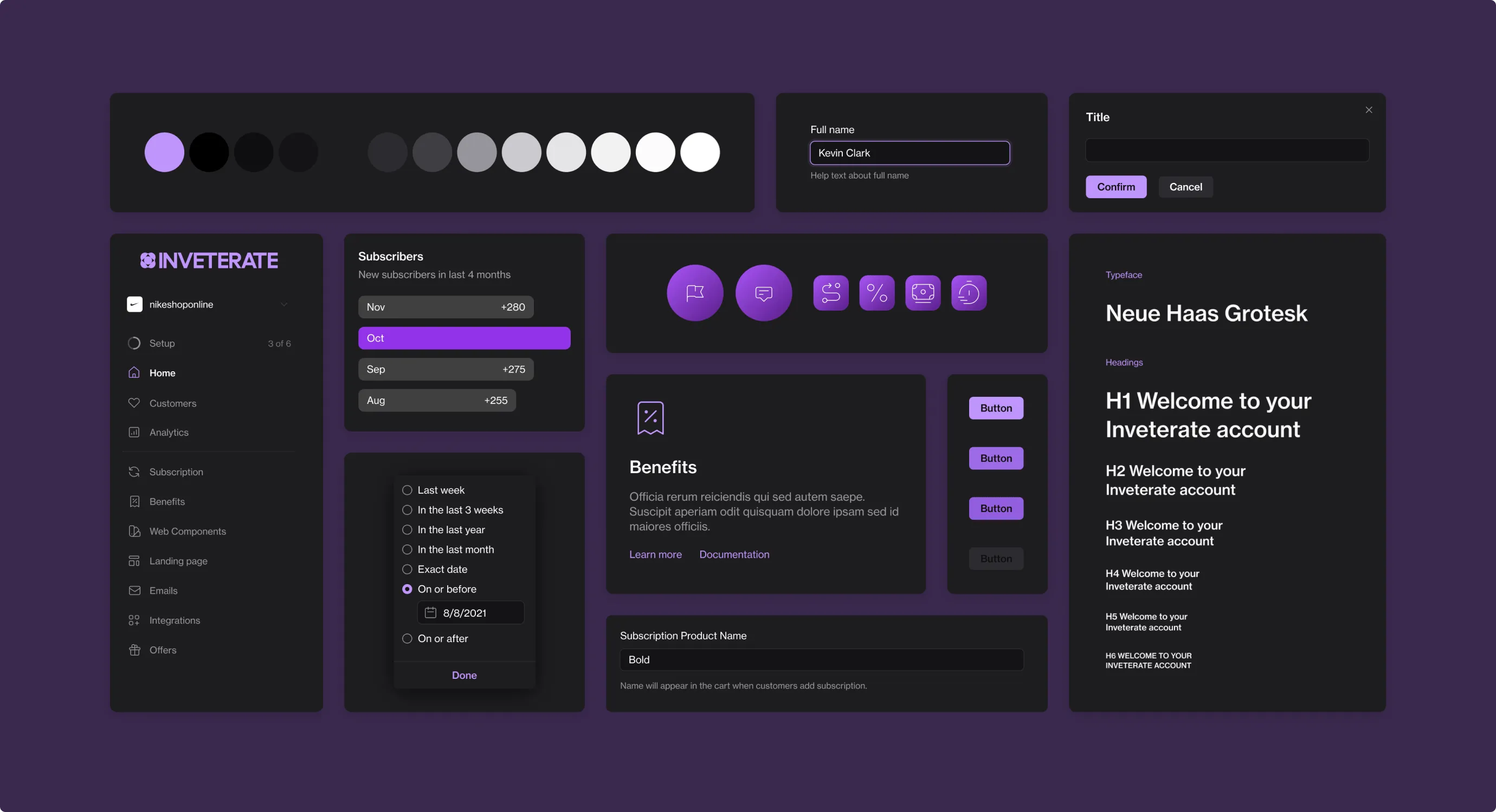 Platform UI components: colors, form fields, and typography scale