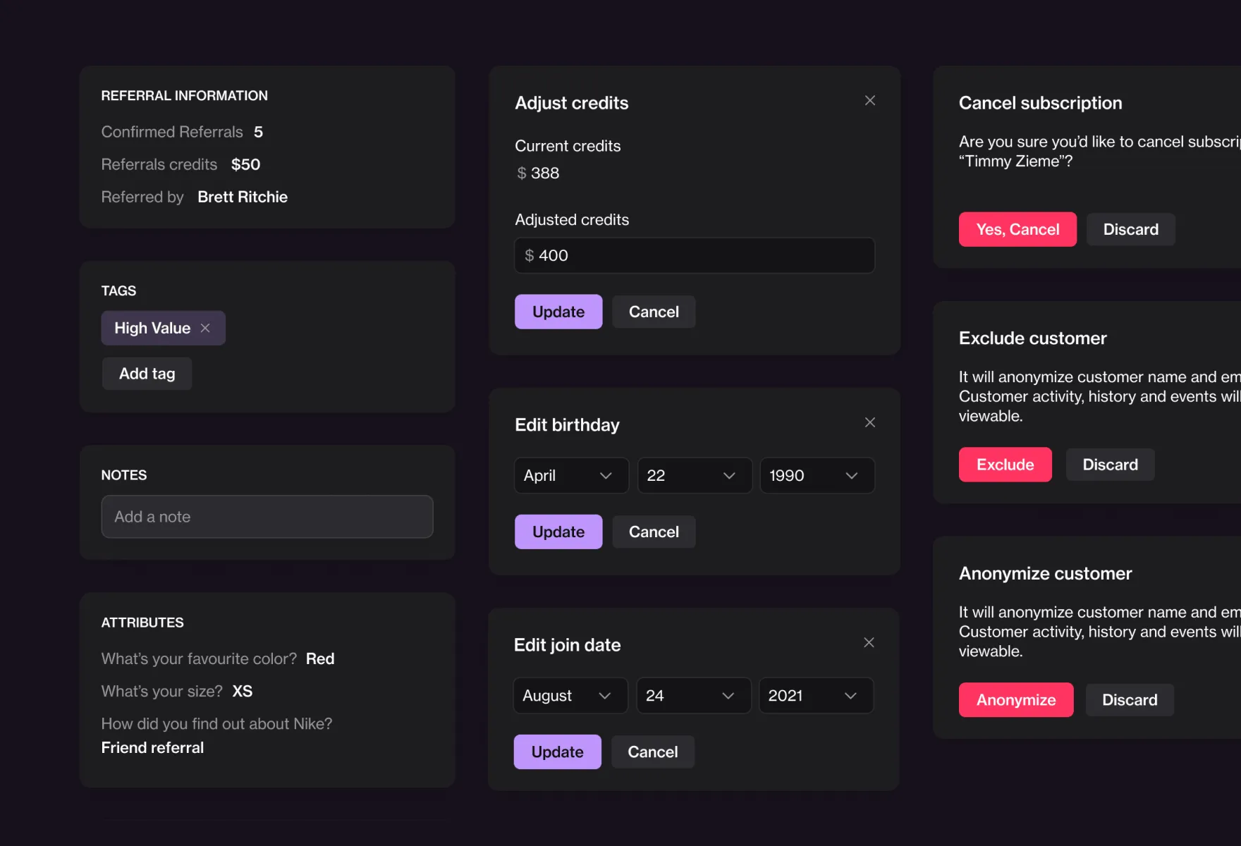 Customer account management panels