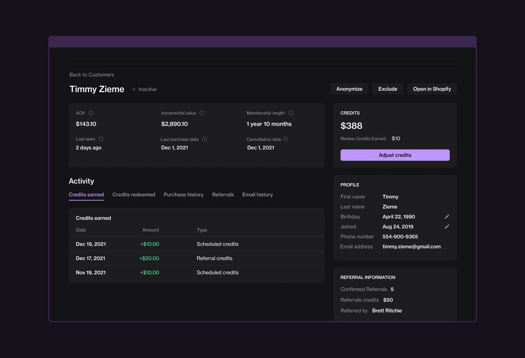Individual customer profile and credit history