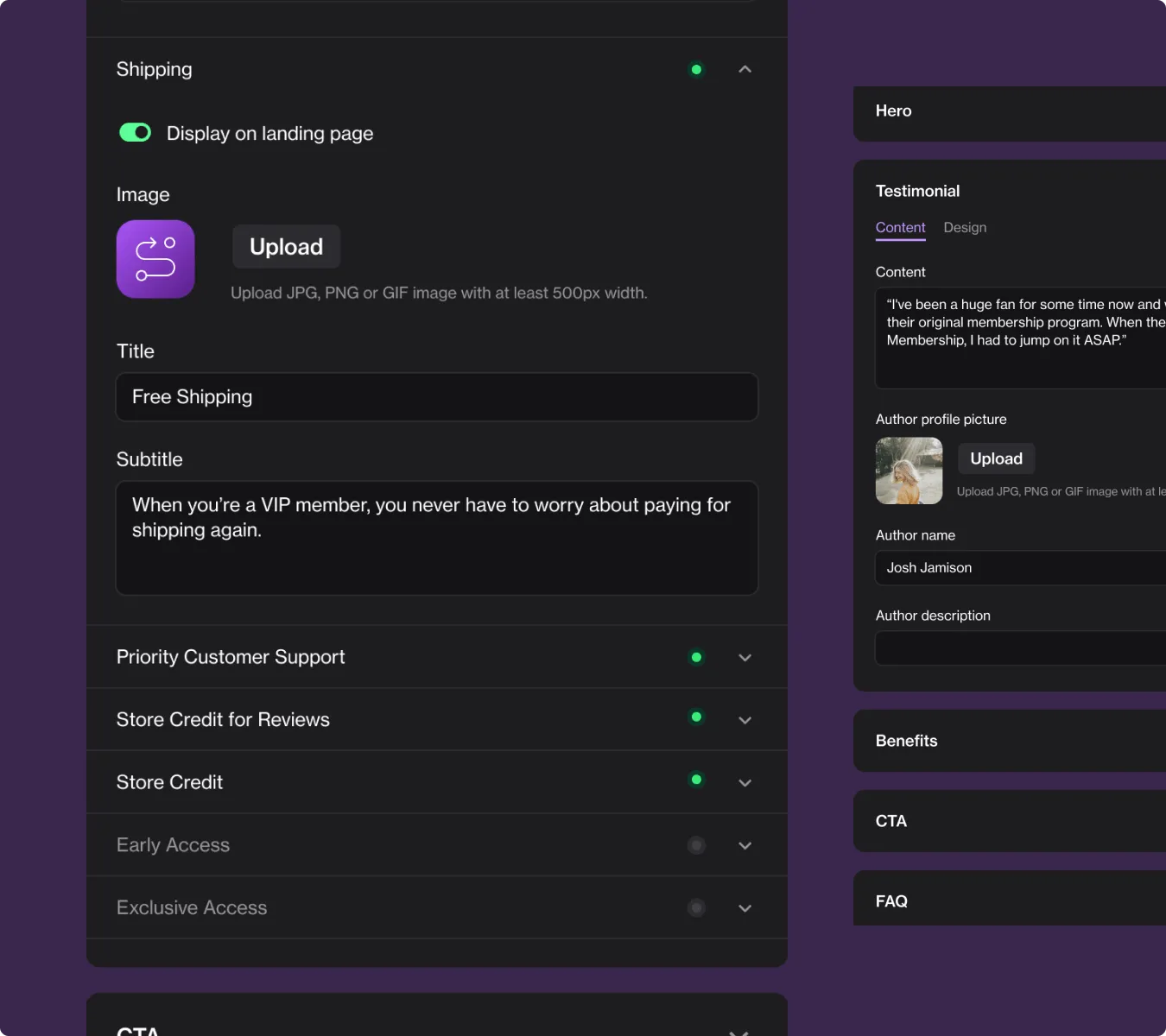Membership builder landing page editor