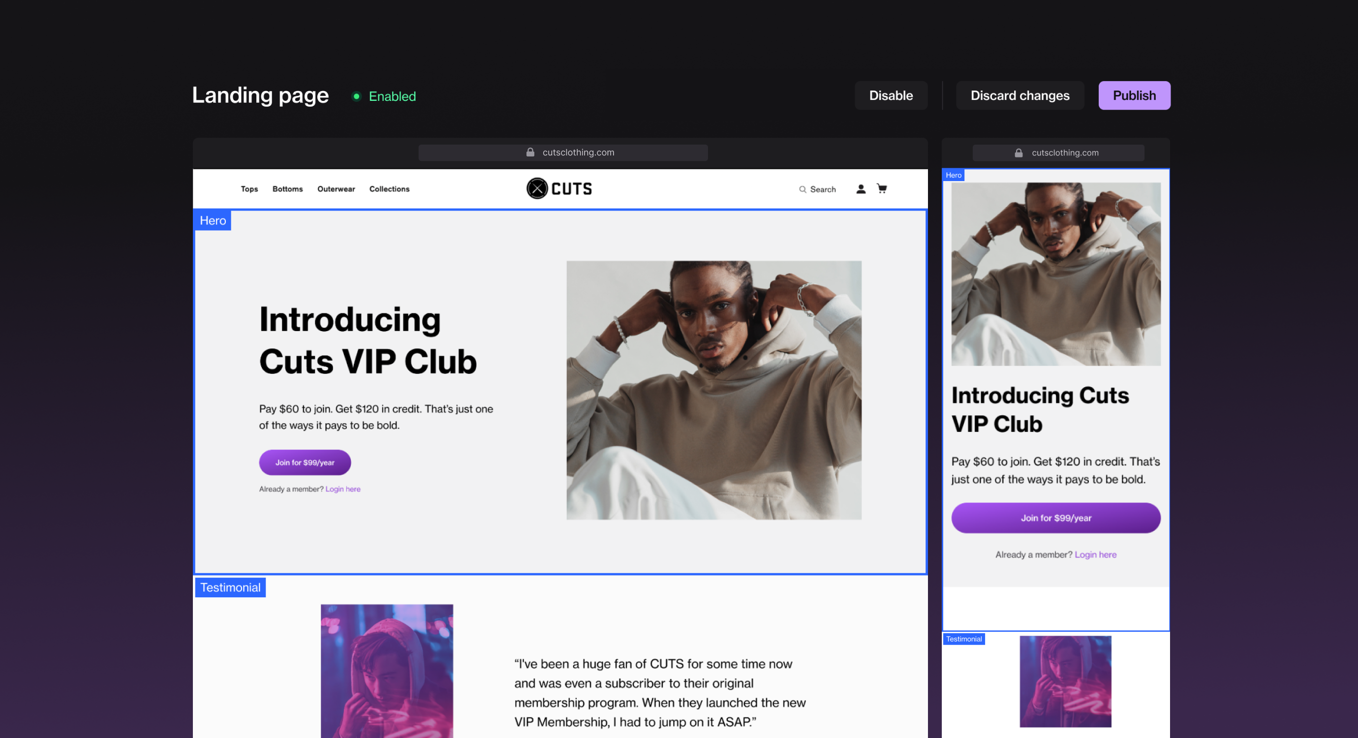 Landing page builder with live preview