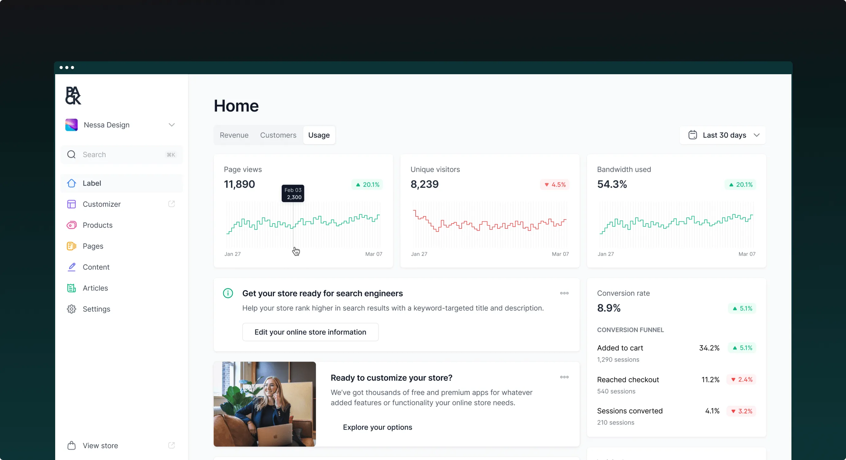 Dashboard home with usage analytics