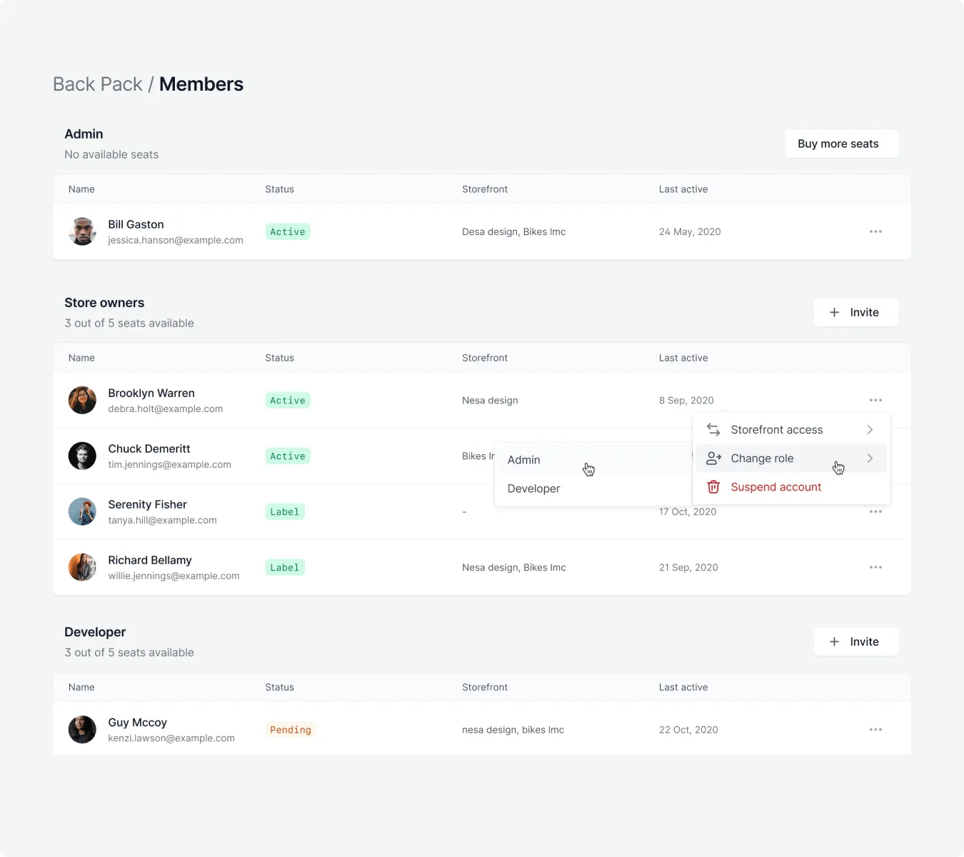 Team members and role permissions