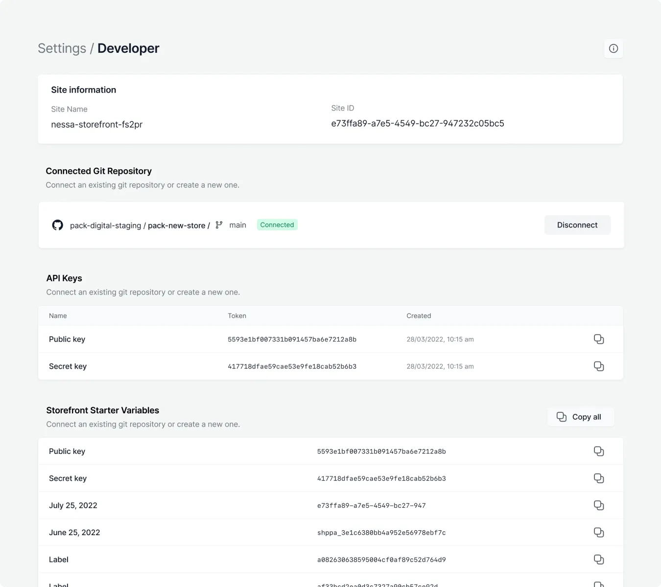 Git repository connection and API keys