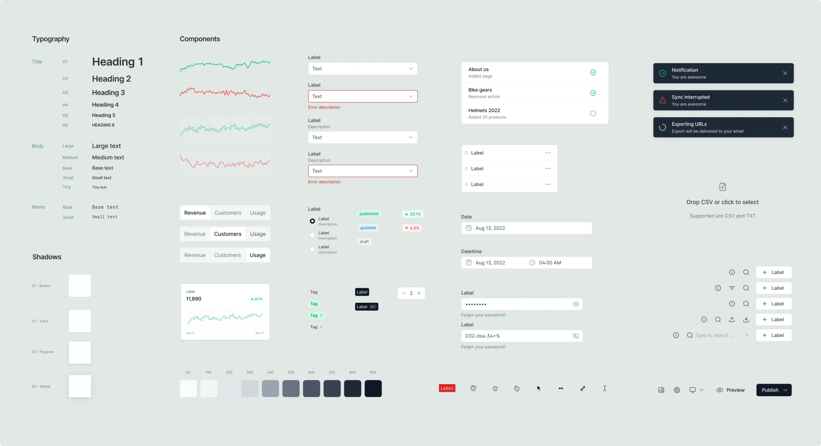 Design system: typography, components, shadows, and color tokens