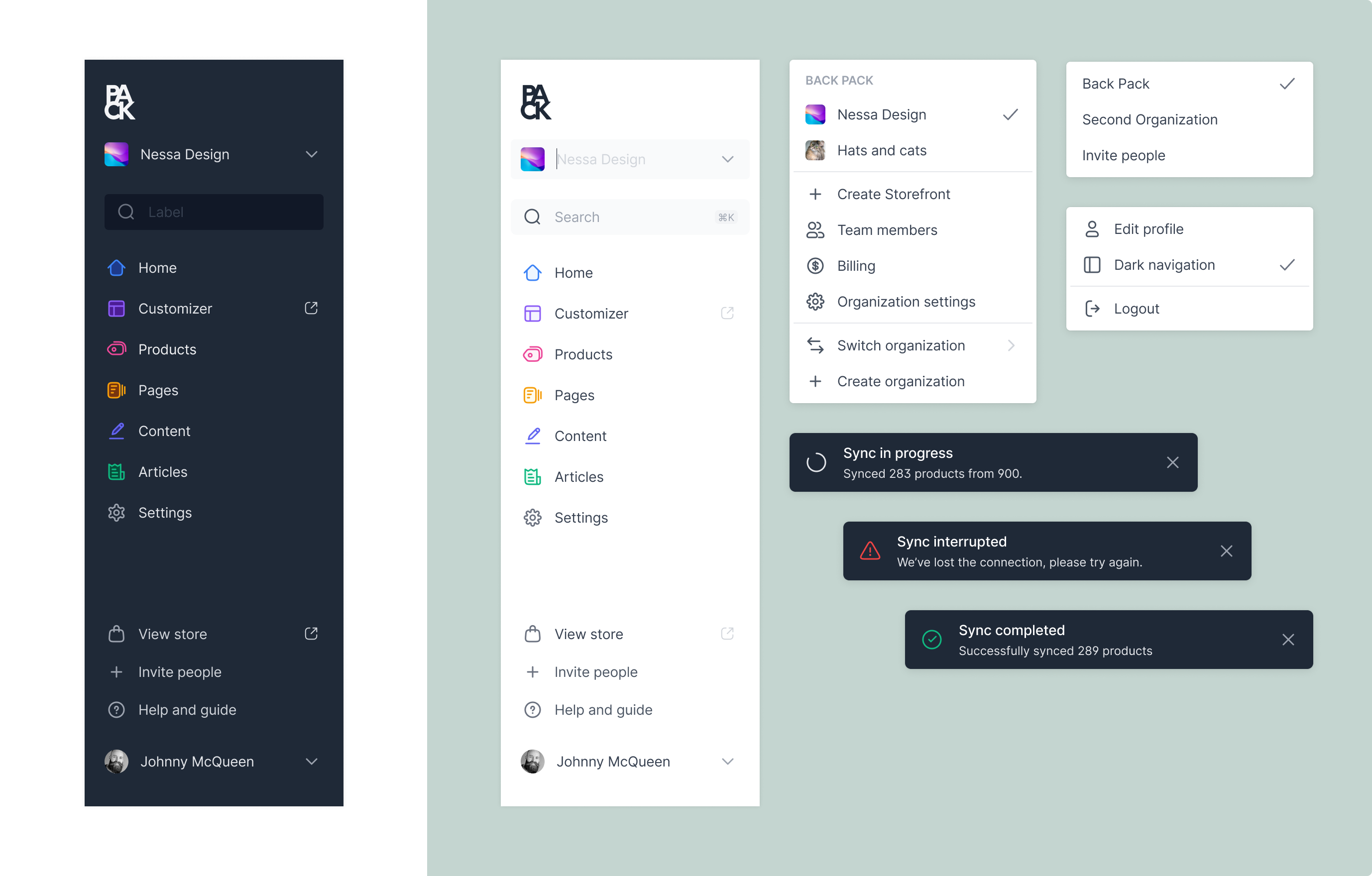 Navigation system, light and dark variants with organization switcher