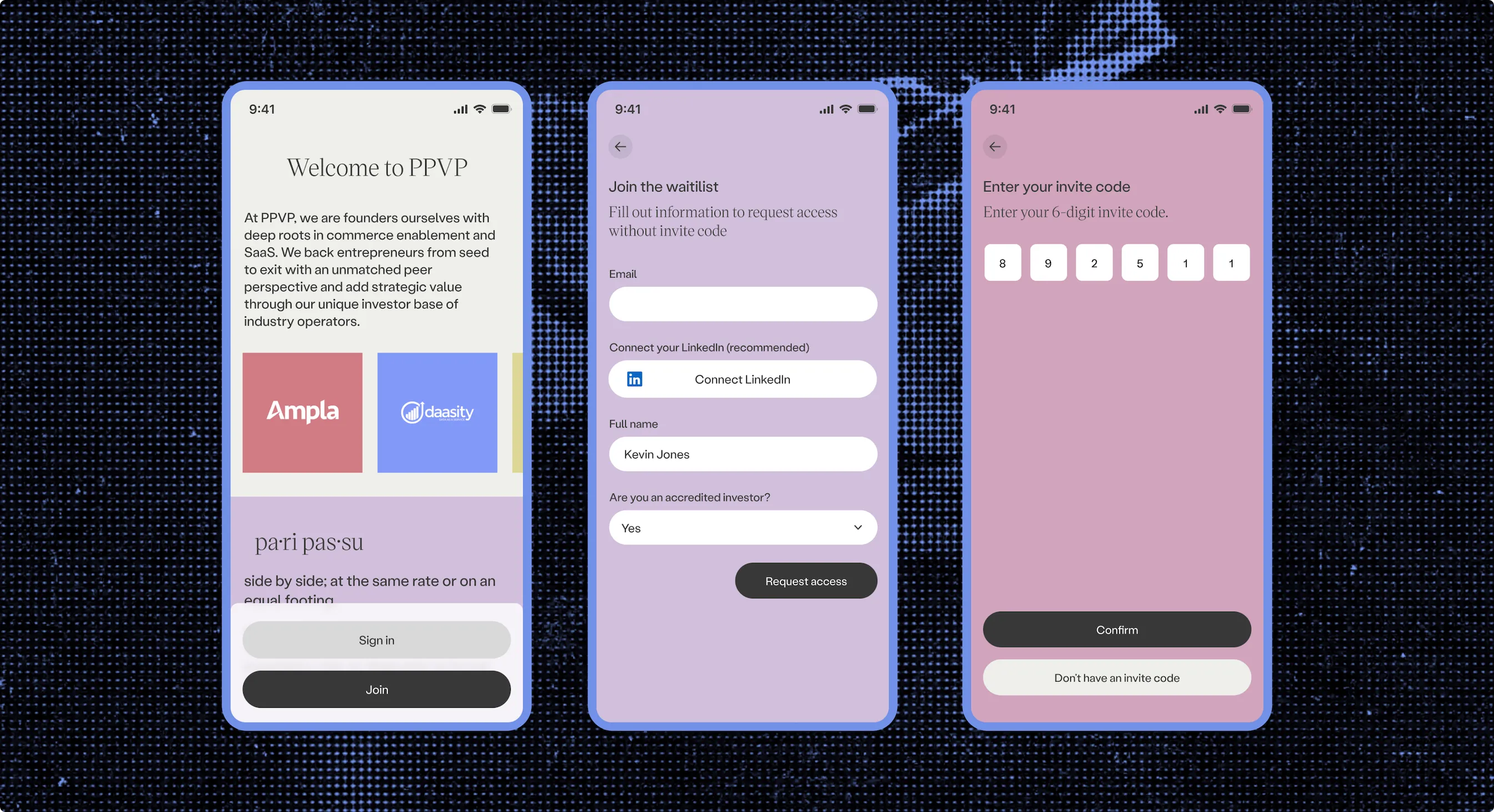 Welcome, waitlist, and invite code entry screens for PPVP
