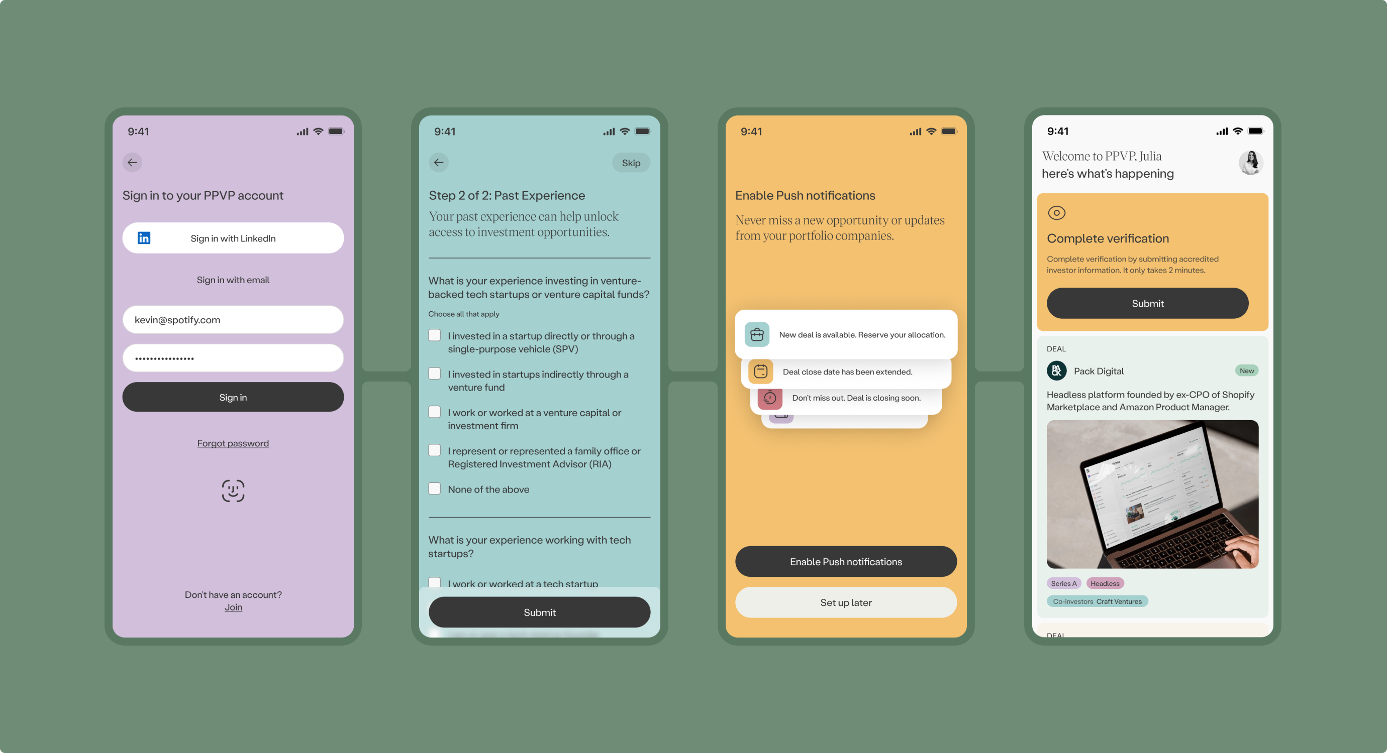 Sign in, past experience, push notification, and verification screens in the onboarding flow