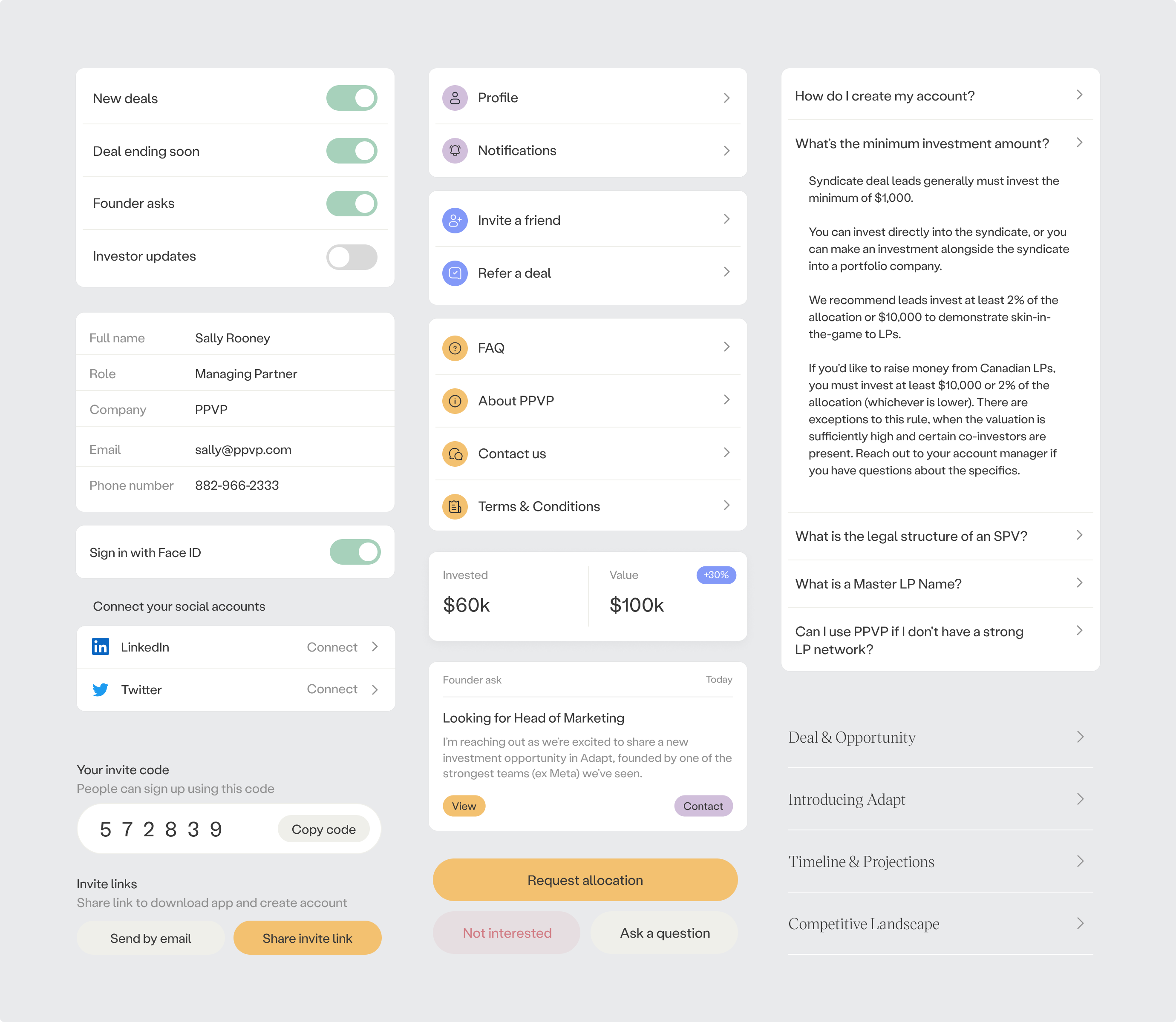 UI kit reference sheet showing toggles, list rows, buttons, and FAQ components