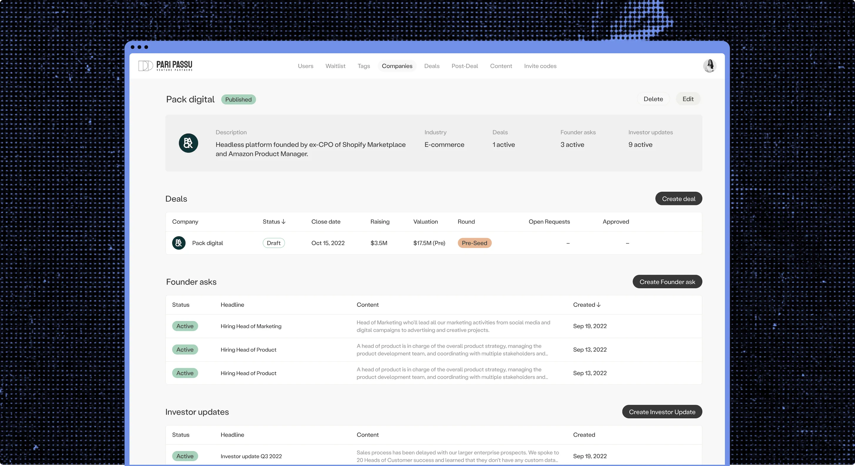 PPVP admin panel showing a company profile, deals, and founder asks