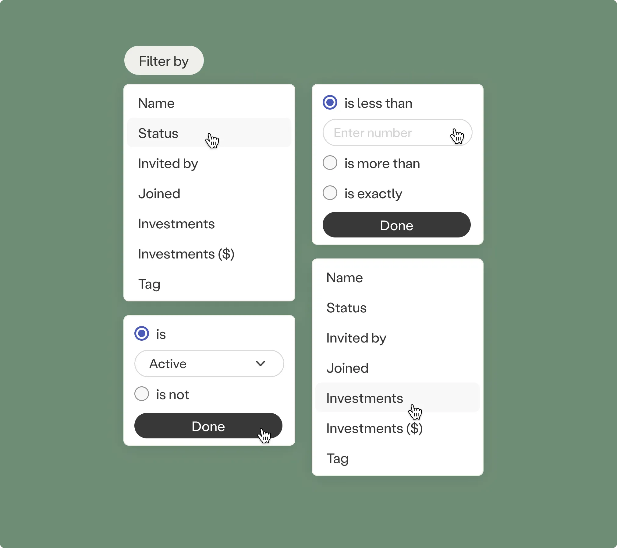 Filter builder for investor profiles by status, invited by, and investment amount